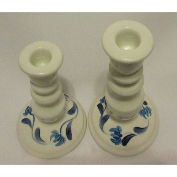 N S Gustin Co White Porcelain Blue Hand Painted Decorated Candle Holder Set of 2 - Picture 8 of 8